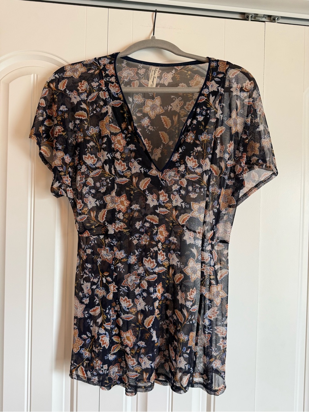 PerSeption Concept Navy Sheer Floral Top with Peach Accents